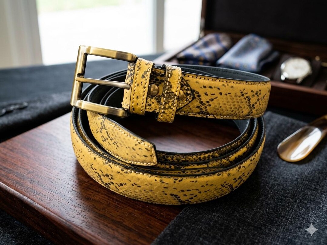 Handmade Yellow Python Print Leather Belt | Western Style Gold Buckle ...