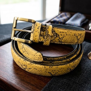 Handmade Yellow Python Print Leather Belt | Western Style Gold Buckle