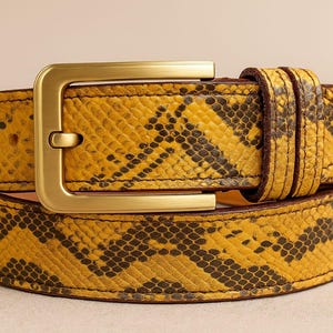 Yellow Python Snake Print Leather Belt with Gold Buckle | Handmade Genuine Leather Fashion Belt | Men Women Western Style