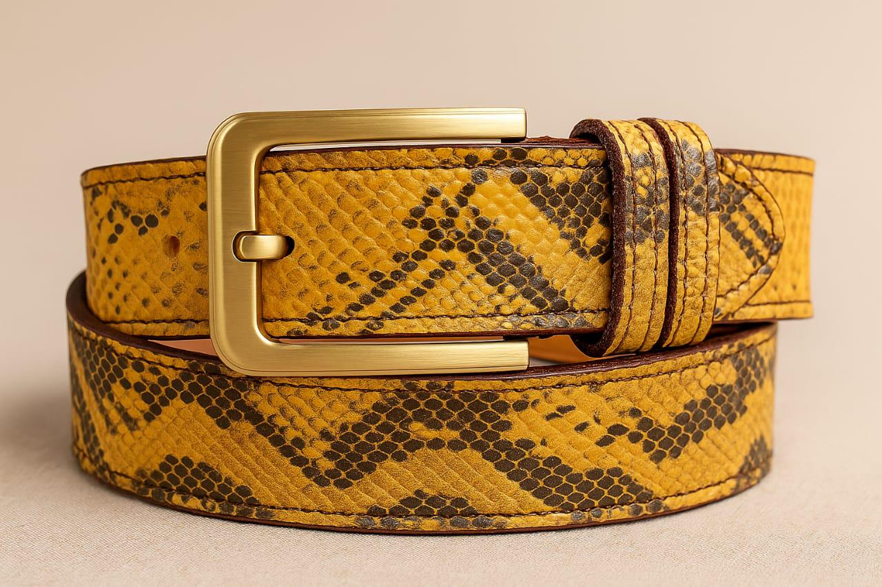 Yellow Python snake printed leather belt with gold buckle Handmade Yellow Python Print Leather Belt | Western Style  main image 3