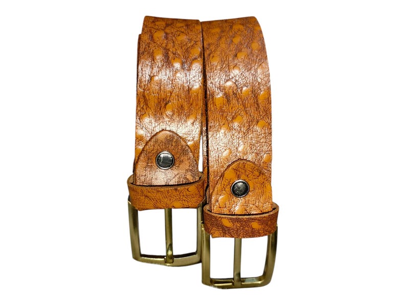 May include: Two brown leather belts with a textured pattern and gold-colored buckles. The belts have a classic design with a single metal stud near the buckle. The leather has a spotted pattern.
