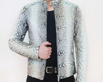 Męska skórzana kurtka motocyklowa z nadrukiem w pytona, ręcznie robiona egzotyczna odzież wierzchnia, klasyczna marynarka z motywem węża