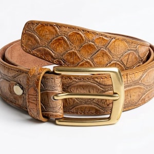 Embossed Leather Belt – Western Style, Brass Buckle, Rustic Brown, Casual Dress