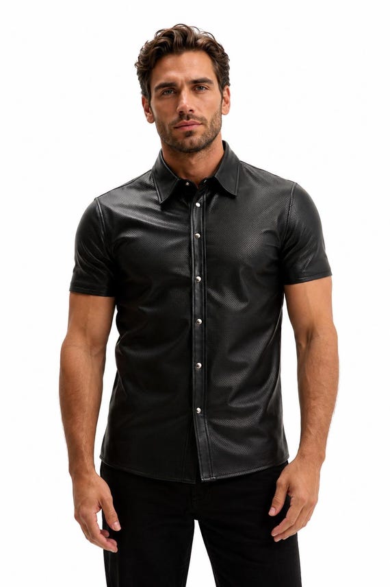 Men's Perforated Leather Shirt | Short Sleeve Genuine Button Down Biker Fashion
