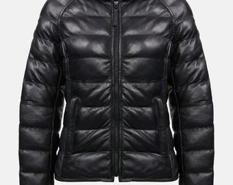 Padded Hood Blazer, Black Leather Puffer Jacket, Women's Lambskin Winter Hoody , Nylon Look Jacket