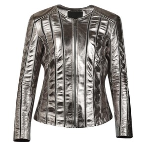 May include: Silver metallic jacket with vertical black stripes and a full-length zipper. The jacket has a round neckline and long sleeves. The material has a shiny, textured appearance. The jacket is a stylish outerwear garment.