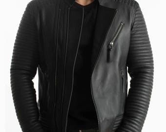 Men’s Black Leather Biker Jacket – Slim Fit Moto Jacket with Quilted Shoulders & Zipper Pockets