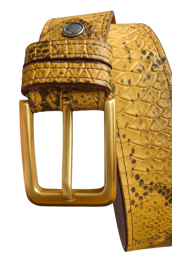 Yellow Python snake printed leather belt with gold buckle Handmade Yellow Python Print Leather Belt | Western Style  main image 4