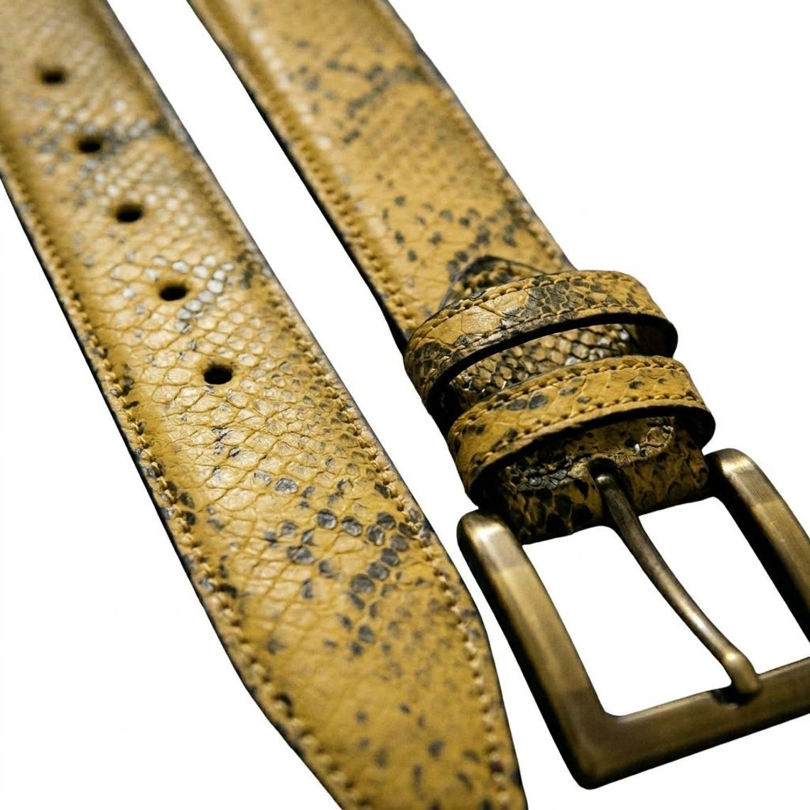 Handmade Yellow Python Print Leather Belt | Western Style Gold Buckle ...