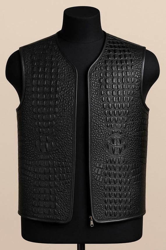 Genuine Crocodile Leather Look Vest: Handmade Biker Western Style