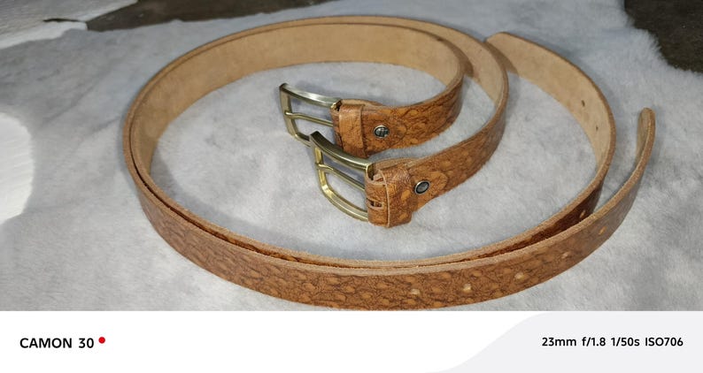 May include: Two brown leather belts with textured surfaces and brass-colored buckles. The belts are arranged in a circular pattern, showcasing their design and craftsmanship. The image is well-lit, highlighting the details of the belts.