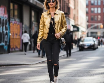 Gold Metallic Real Leather Jacket – Shiny Perforated Party Coat