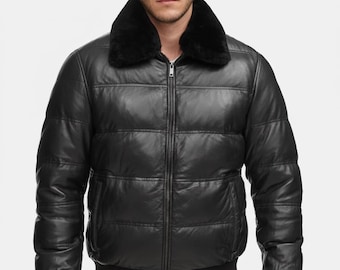Men’s Black Leather Puffer Bomber Jacket, Faux Fur Collar