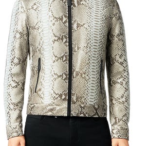 Men’s Python Snake Print Leather Jacket – Exotic Biker Style, Handmade Luxury Outerwear