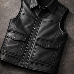 May include: Black leather vest with a collared neckline, button-up front, and two flap pockets. The vest has a classic design and is made of a smooth, high-quality leather. The vest is sleeveless and suitable for layering.