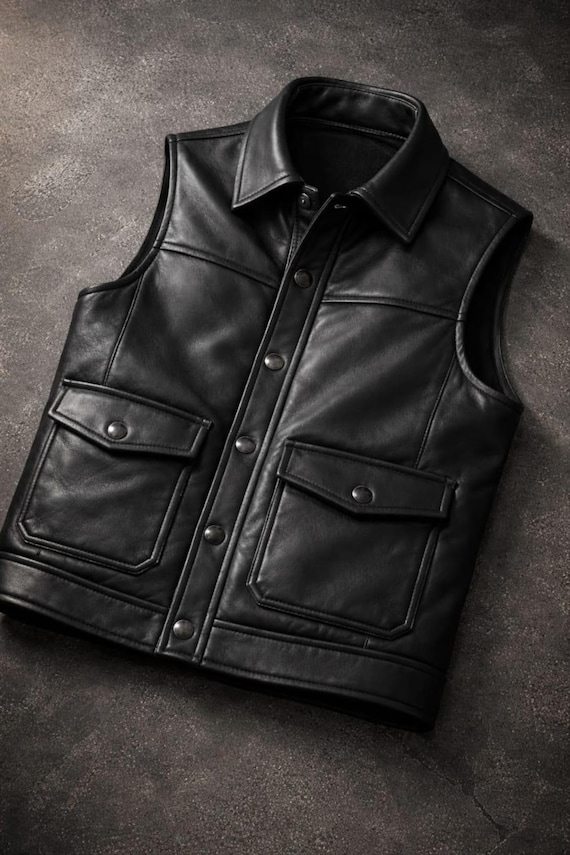 Men's Black Leather Vest – Classic Biker Snap Button Waistcoat