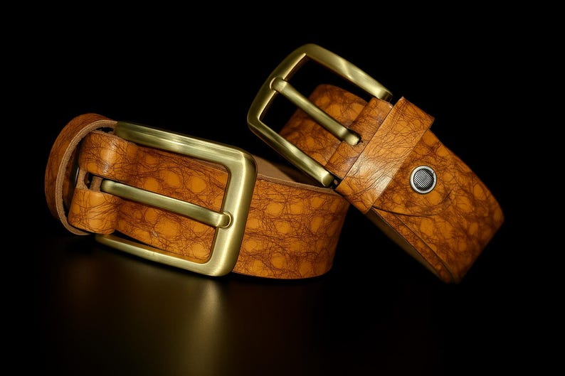 May include: Two brown leather belts with gold-colored buckles are displayed against a black background. The belts have a textured surface, and the buckles are rectangular. The belts are likely for pants or trousers.