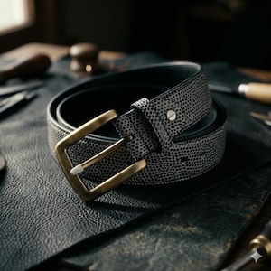 May include: A rolled black belt with a textured, dotted pattern. It has a gold-coloured buckle and a small silver rivet. The belt is likely leather and is displayed on a dark surface.