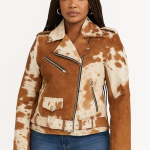 Echtes Rindsleder Hair-On Leder Moto Jacke | Plus Size Western Biker Mantel mit Gürtel | Echte Kuhfell Damenjacke