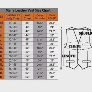 May include: A size chart for men's leather vests, with measurements in inches. The chart includes sizes from XXS to 9XL, detailing body chest, vest chest, cross shoulder, and back length measurements. A diagram illustrates the vest's key measurement points.