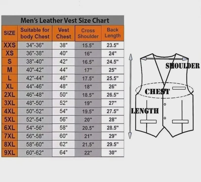 May include: A size chart for men's leather vests, with measurements in inches. The chart includes sizes from XXS to 9XL, detailing body chest, vest chest, cross shoulder, and back length measurements. A diagram illustrates the vest's key measurement points.