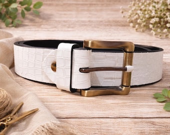 White Crocodile Embossed Leather Belt | Brass Buckle