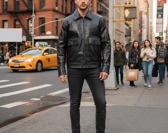 Men's Crocodile Embossed Leather Jacket – Biker Style Zip Coat