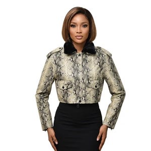 Cropped Schlangenlederjacke für Damen mit Pelzkragen, Python-Kurzjacke