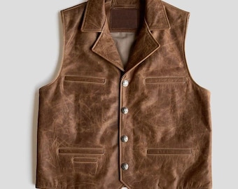 Handmade Cow Cracker Leather Vest: Vintage Western Biker Style