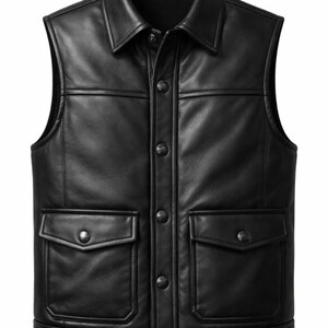 Men's Black Leather Vest – Classic Biker Snap Button Waistcoat image 2