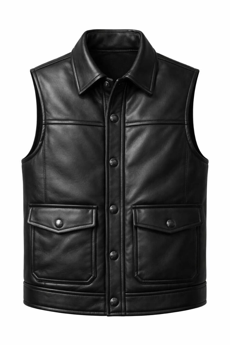 Men's Black Leather Vest – Classic Biker Snap Button Waistcoat image 2