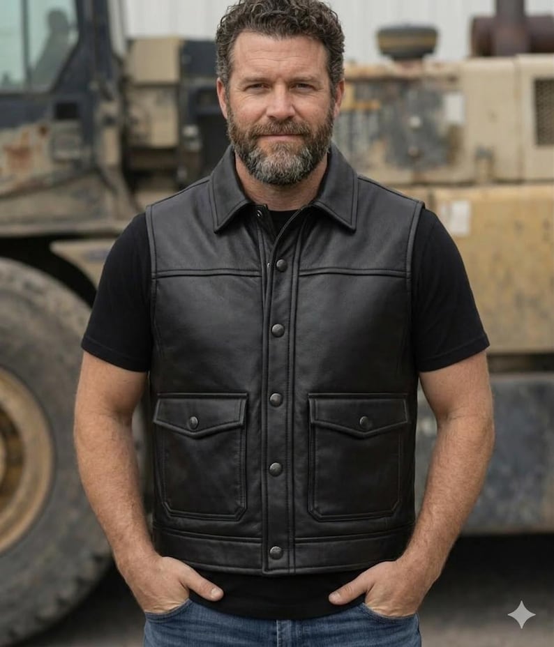 May include: A black leather vest with a collared neckline and two front pockets. The vest has a button-up closure and is worn over a black t-shirt. The person is standing outdoors with a construction vehicle in the background.