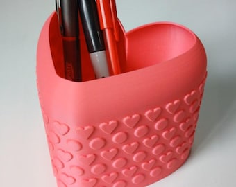 Heart Shaped Pen Holder, Matte Pink 3D Printed Desk Organizer, Polka Dot Texture