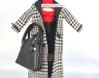 Red Peek-A-Boo Turtleneck with Tulip Skirt and Plaid Trench Coat.