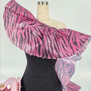 Body hugging black dress with Over The Top Pink Zebra &quot;off one shoulder&quot; Collar.