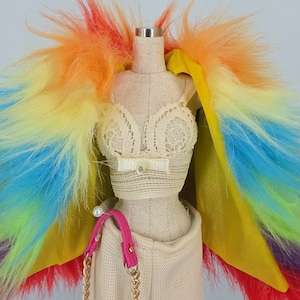 Original Barbie Rainbow Faux Fur Coat Set: Lace Bustier, Linen Slacks & Mini Handbag