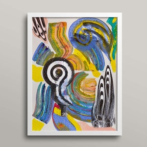 May include: Abstract painting with a white background and colourful shapes in shades of blue, yellow, green, black, and pink.