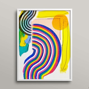 Könnte beinhalten: Abstrakter Kunstdruck in einem weißen Rahmen. Das Kunstwerk zeigt einen Regenbogenbogen, schwarz-weiße Kurven und gelbe und türkisfarbene Formen. Ein gelber Kreis und Linien sind ebenfalls vorhanden. Die Worte "FRAME NOT INCLUDED" stehen unten.
