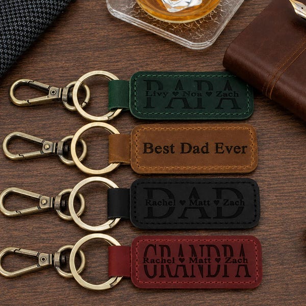 Personalized Grandpa Keychain With Grandkids Names, Papa Keychain, Engraved Leather Keychain, Father’s Day Gift for Grandpa