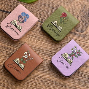 Leather Bookmark with Birth Flower, Personalized Leather Magnetic Bookmark, Custom Name Bookmark, Birthday Gift for Book Lovers