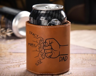 Dad Fist Bump Leather Can Cooler, Fathers Day Gift with Kids Names, Dad Gifts from Kids Dad Birthday Gift Personalized Gift for Dad, Grandpa
