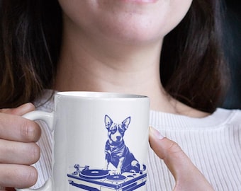 Corgi DJ Spinning Vinyl on Turntable Glossy White Coffee Mug - Dog Lover Gift for Music Enthusiasts