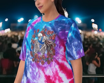 Tie-Dye Print Skeleton Rose Women&#39;s Crew Neck T-Shirt: Deadhead Style Grateful Dead Inspired Top
