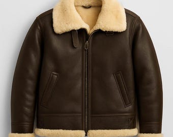 Men’s Black & Brown Shearling Leather Aviator Jacket – Fur Lined Winter Bomber Coat