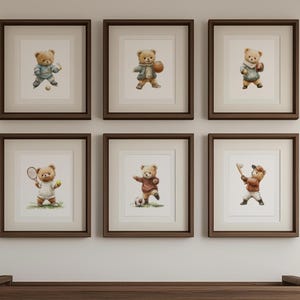Vintage Sports Teddy Bear Print Set – 6 Digital Art Prints, Nursery Wall Decor, Boys Room Gallery, Watercolor Bear Sports Theme