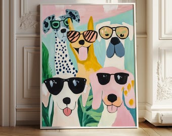 Cool Dogs Wall Art – Colorful Dog Squad with Sunglasses, Modern Pet Illustration, Digital Download for Playroom or Kids Room Decor