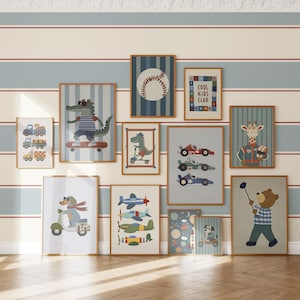 May include: A collection of framed art prints featuring whimsical illustrations of animals and vehicles. The artwork includes a skateboarding alligator, a giraffe in a racing suit, and a bear playing golf. The color palette includes blues, greens, and browns.