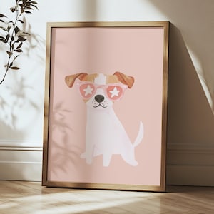 Cool Dog Nursery Print – Puppy with Star Glasses Wall Art, Cute Animal Poster for Kids Room, Digital Dog Illustration, Instant Download