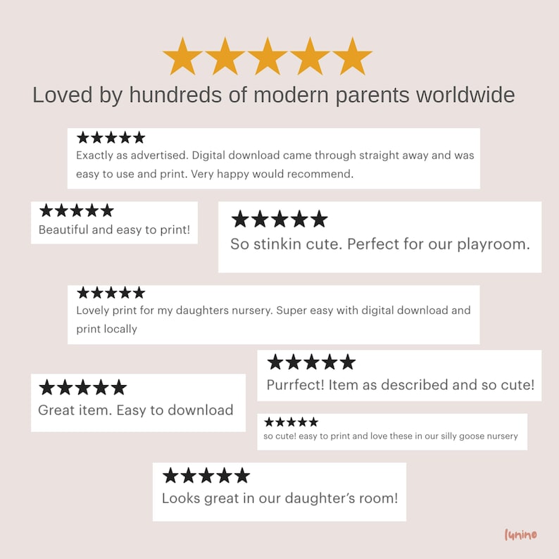 May include: Image featuring customer reviews with star ratings. Text includes phrases like "Loved by hundreds of modern parents worldwide," "Beautiful and easy to print," and "So stinkin cute. Perfect for our playroom."