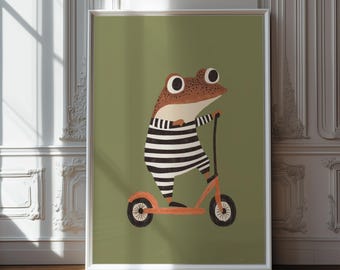 Frog on Scooter Print: Whimsical Animal Nursery Art (Digital Download)